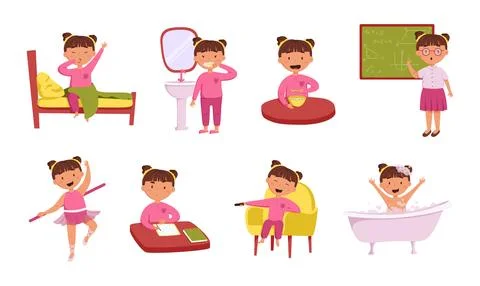 Children's daily routine vector set. Cute cheerful girl wakes up and brushi.. Stock Illustration