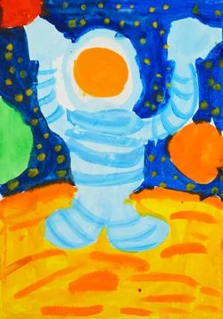 Children's drawing astronaut on a planet in a space Stock Illustration
