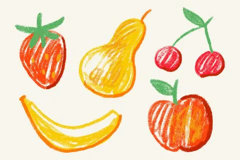 Children's Drawing with Crayons Apple, Pear, Strawberry, Cherry and Banana Stock Illustration