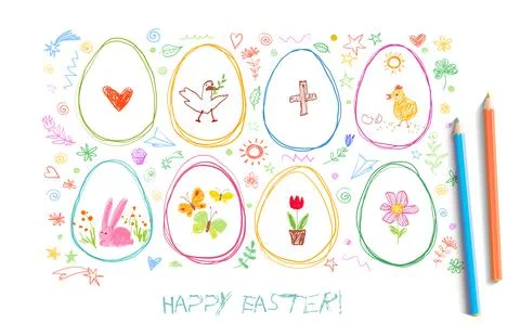 Children's drawing of easter doodles with colored crayons on white background. Stock Illustration