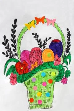 Children's drawing with eggs of different colors 스톡 사진