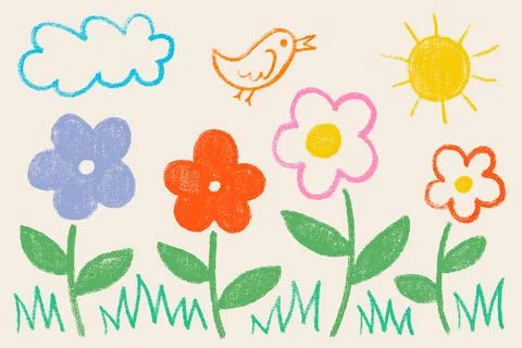 Children's Drawing Flower Set with Crayons Stock Illustration