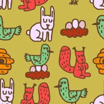 Childrens drawing forest animals seamless pattern. Rabbits ornament. Hive and Stock Illustration