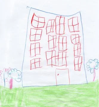 Children's drawing of multi-storey building drawn in pencils Ilustración de archivo