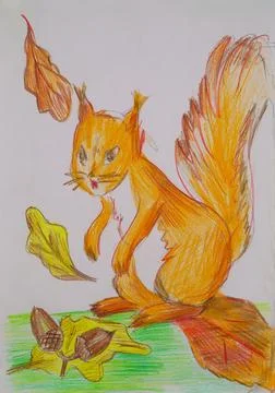 Children's drawing of a squirrel and acorns Stock Illustration