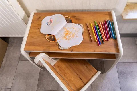 Children's Drawing Table With Colored Pencils Stock Photos