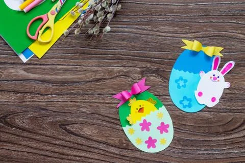 Children's easter egg gift with toy chicken and easter bunny. Handmade. Stock Photos