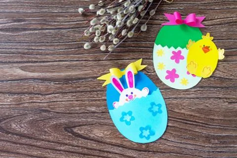 Children's easter egg gift with toy chicken and easter bunny. Handmade. Stock Photos