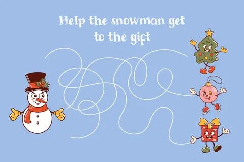 Childrens educational Christmas game. Help Snowman find a gift. Christmas tree Illustrazione stock