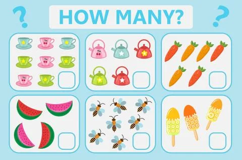 Childrens educational logic game. Mathematical task. How many. Vector illus.. Stock Illustration