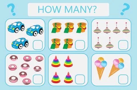 Childrens educational logic game. Mathematical task. How many. Vector illus.. Illustrazione stock