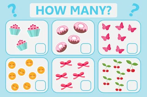 Childrens educational logic game. Mathematical task. How many. Vector illus.. Stock Illustration
