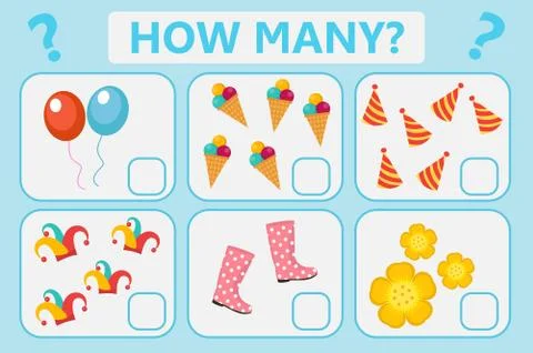 Childrens educational logic game. Mathematical task. How many. Vector illus.. Illustrazione stock