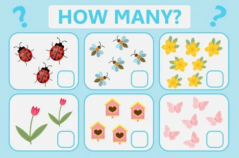 Childrens educational logic game. Mathematical task. How many. Vector illus.. Illustrazione stock