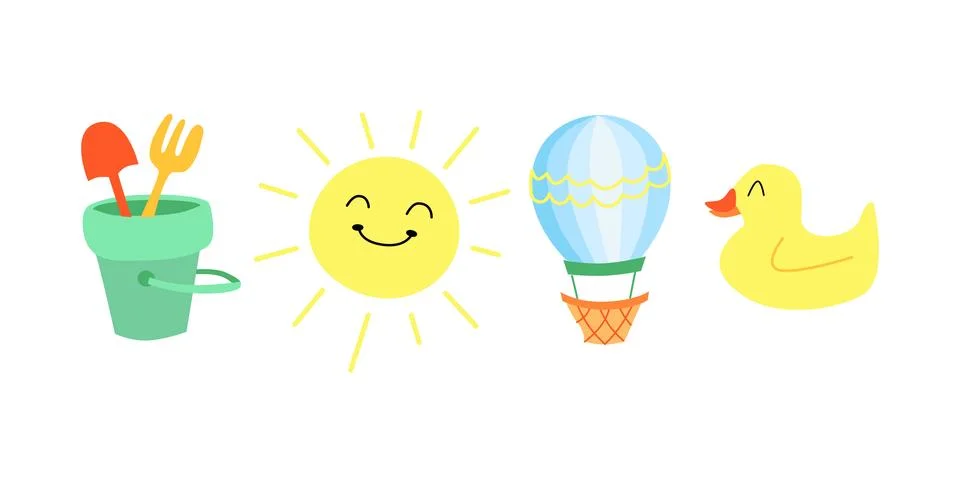 Childrens elements set cartoon. Game toy duck, sun, ballon, sandbox toys. Kid Stock Illustration