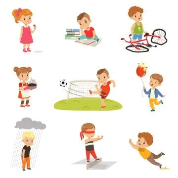 Childrens failures and mistakes set, frustrated kids experiencing their failures Stock Illustration