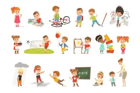 Childrens failures and mistakes set, frustrated kids experiencing their failures Stock Illustration