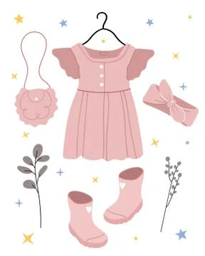 Children's Fashion. Festive set of pink clothes for a girl. Pastel set with Stock Illustration