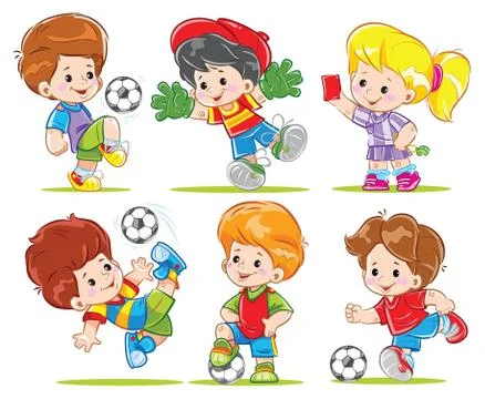 Children's football (soccer) team. Set of vector cartoon characters. Stock Illustration