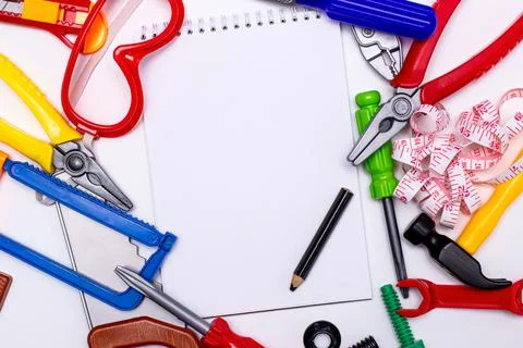 Children's game technical tools with Notepad and pencil Stock Photos