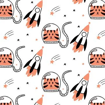 Childrens hand-drawn pattern with cat astronaut Stock Illustration