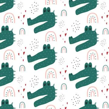 Childrens hand-drawn pattern with crocodile Stock Illustration