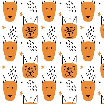 Childrens hand-drawn pattern with dog faces. Stock Illustration