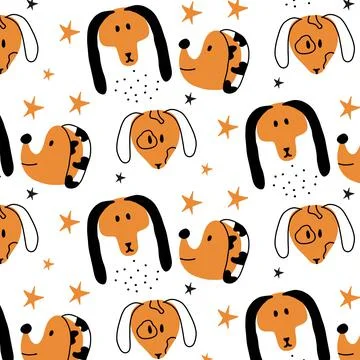 Childrens hand-drawn pattern with dog faces. Stock Illustration