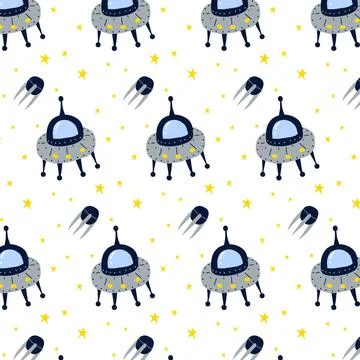 Childrens hand-drawn pattern with flying saucer Stock Illustration