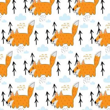 Childrens hand-drawn pattern with red fox. Stock Illustration