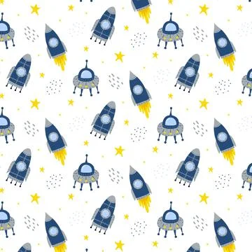 Childrens hand-drawn pattern with rocket Stock Illustration