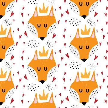 Childrens hand-drawn seamless pattern with red fox Stock Illustration