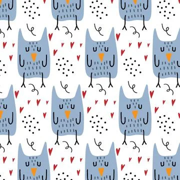 Childrens hand-drawn seamless pattern with an owl Stock Illustration