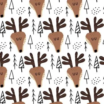 Childrens hand-drawn seamless pattern with deer. Stock Illustration