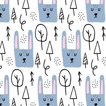 Childrens hand-drawn seamless pattern with hares. Stock Illustration