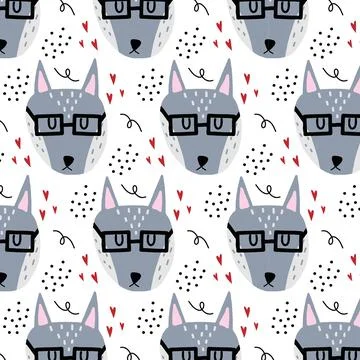 Childrens hand-drawn seamless pattern with wolf. Stock Illustration