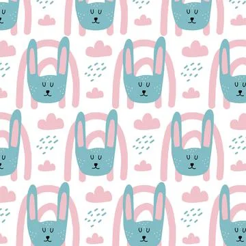 Childrens hand-drawn seamless pattern with rabbit. Stock Illustration