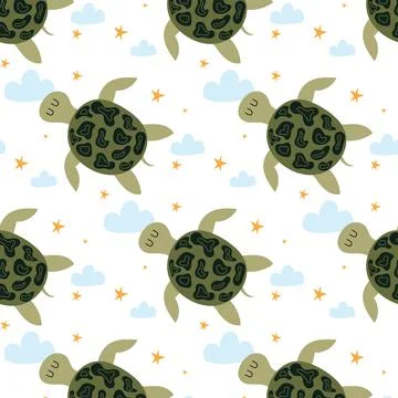 Childrens hand-drawn seamless pattern with turtle Stockillustratie
