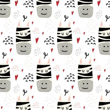 Childrens hand-drawn seamless pattern with zebra Stock Illustration
