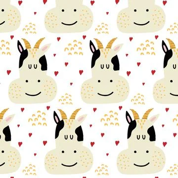 Childrens hand-drawn seamless pattern with cow. Stock Illustration