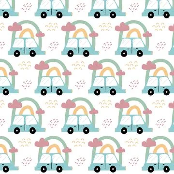 Childrens hand-drawn seamless pattern with car Stock Illustration