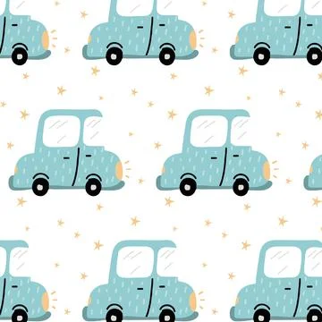 Childrens hand-drawn seamless pattern with car Stock Illustration