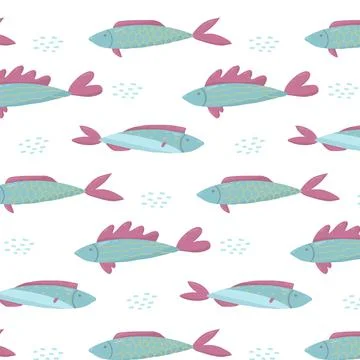 Childrens hand-drawn seamless pattern with fishes. Stock Illustration
