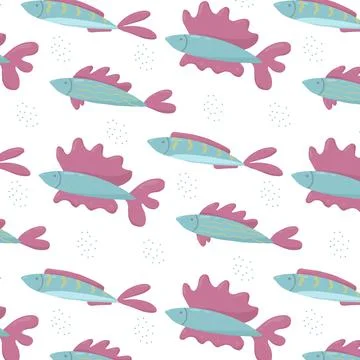 Childrens hand-drawn seamless pattern with fishes. Stock Illustration