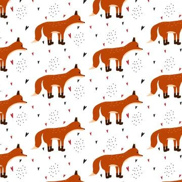 Childrens hand-drawn seamless pattern with red fox Stock Illustration