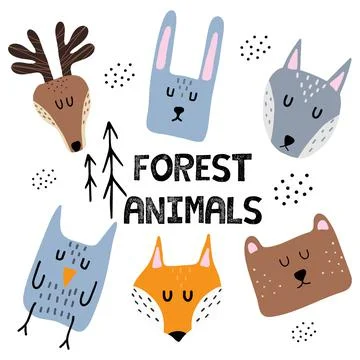 Childrens hand drawn set of forest animals Stock Illustration