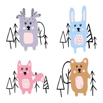 Childrens hand-drawn set of forest animals. Stock Illustration