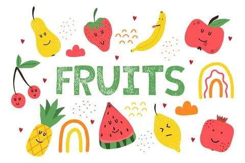 Childrens hand-drawn set of fruit icons. Stock Illustration