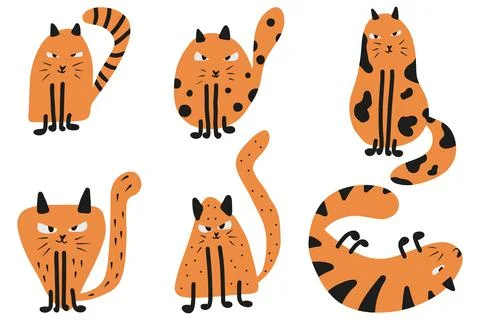Childrens hand-drawn set of ginger cats. Stock Illustration
