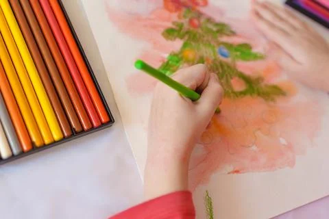 Children's hands on a white table drawing Christmas tree with colored pencils Stock Photos